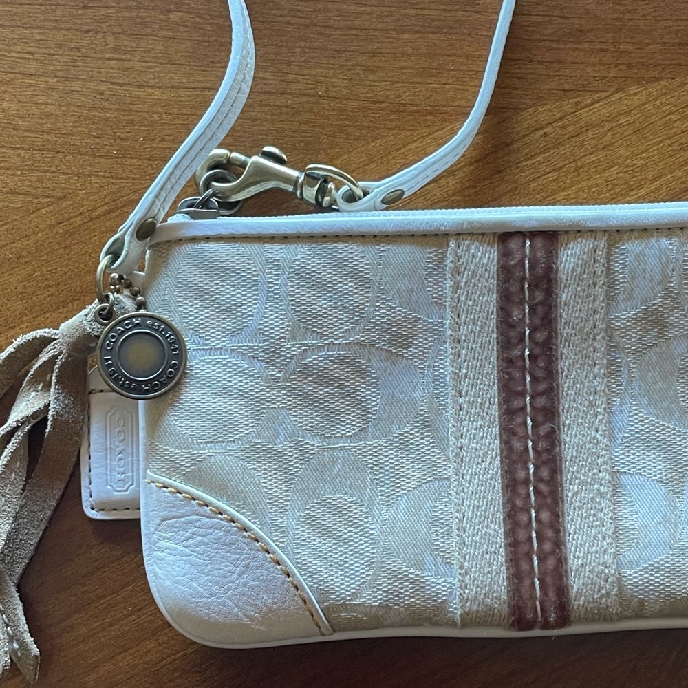 Coach Cream and Tan Canvas Suede Wristlet with Tassel